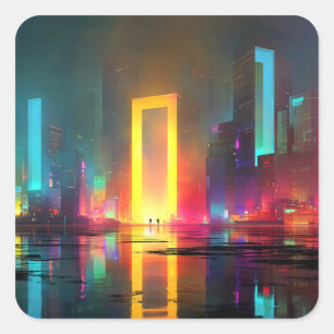 Pegatina Cuadrada Ciudad futurista con portal de neón radiante