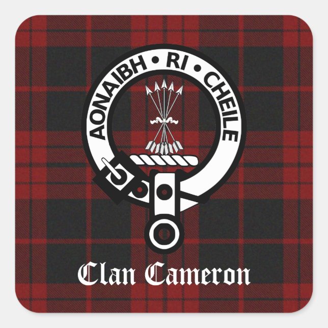Pegatina Cuadrada Clan Cameron Escudo y Tartán (Anverso)