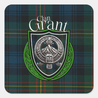 Pegatina Cuadrada Clan escocés Grant Tartán y Escudo