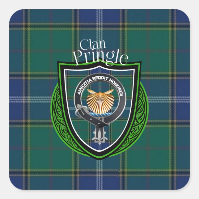 Pegatina Cuadrada Clan escocés pringle Tartán y Escudo (Anverso)