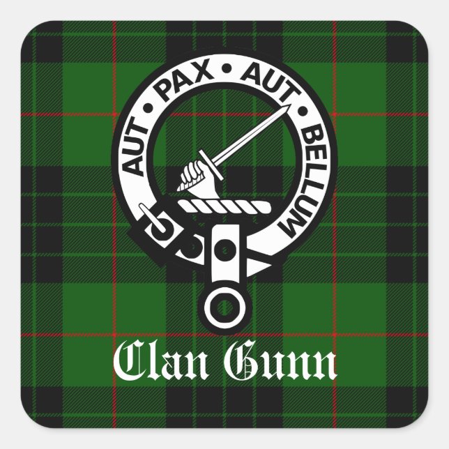 Pegatina Cuadrada Clan Gunn Escudo Badge y Tartán (Anverso)