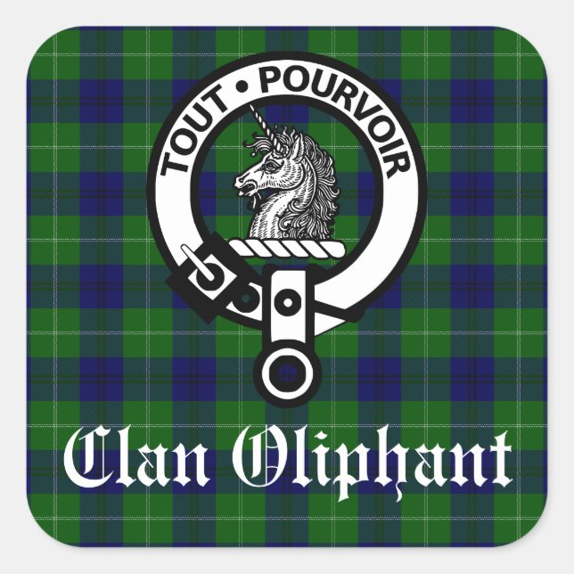 Pegatina Cuadrada Clan Oliphant Escudo y Tartán (Anverso)