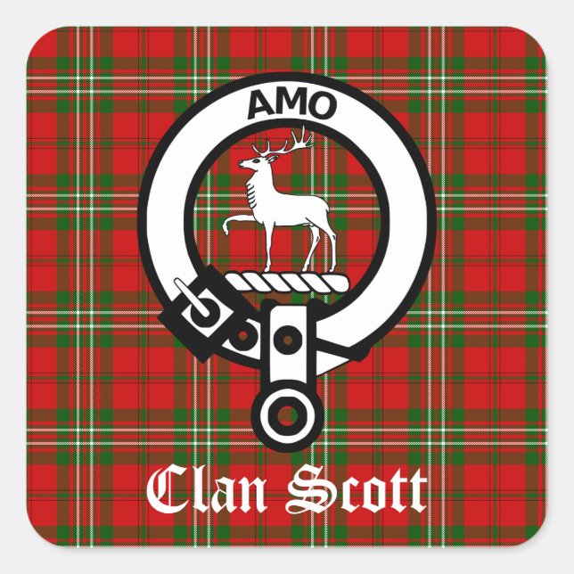 Pegatina Cuadrada Clan Scott Escudo Badge y Tartán (Anverso)