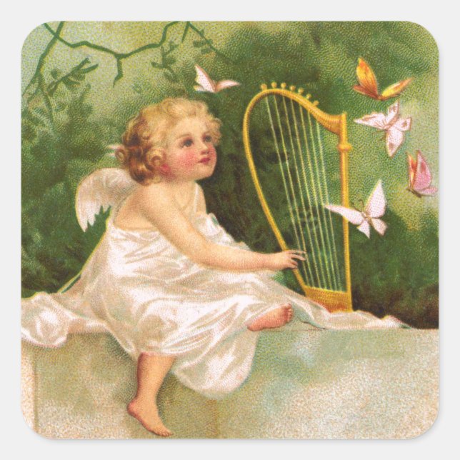 Pegatina Cuadrada Clapsaddle: Ángel tocando el arpa (Anverso)