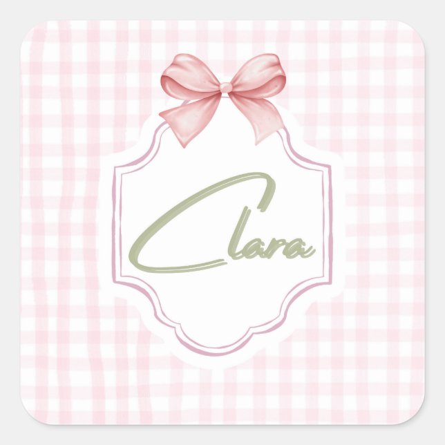 Pegatina Cuadrada Clara Baby Nursery personalizada Bow&Gingham (Anverso)