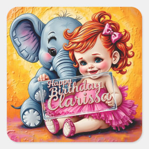 Pegatina Cuadrada CLARISSA ~ CUMPLEAÑOS FELIZ ~ Elefante ~