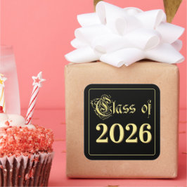 Pegatina Cuadrada Clase de 2023 Graduación Negra y Dorada