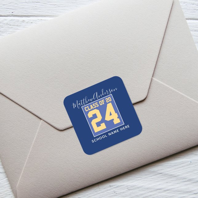 Pegatina Cuadrada Clase de 2024 Elegante Graduación Real Azul y Oro (Subido por el creador)