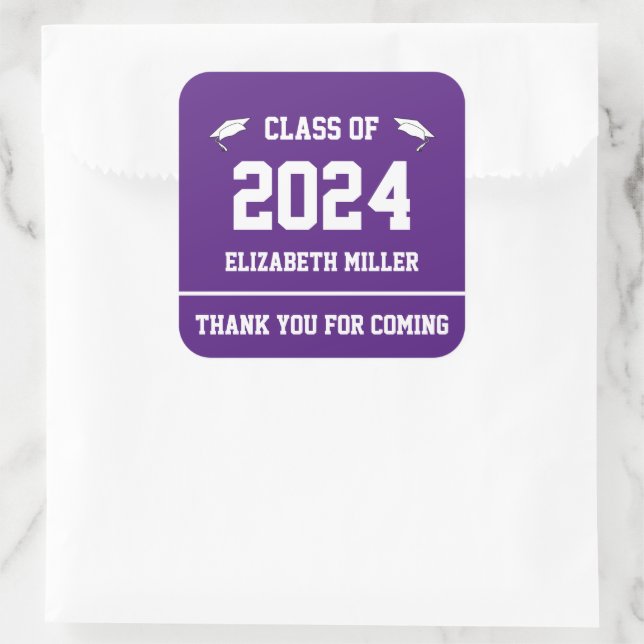 Pegatina Cuadrada Clase de 2024 Favor de graduación morado y blanco (Bolso)