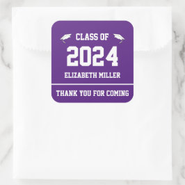 Pegatina Cuadrada Clase de 2024 Favor de graduación morado y blanco
