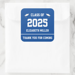 Pegatina Cuadrada Clase de 2025 Azul profundo y blanco Gracias a fav