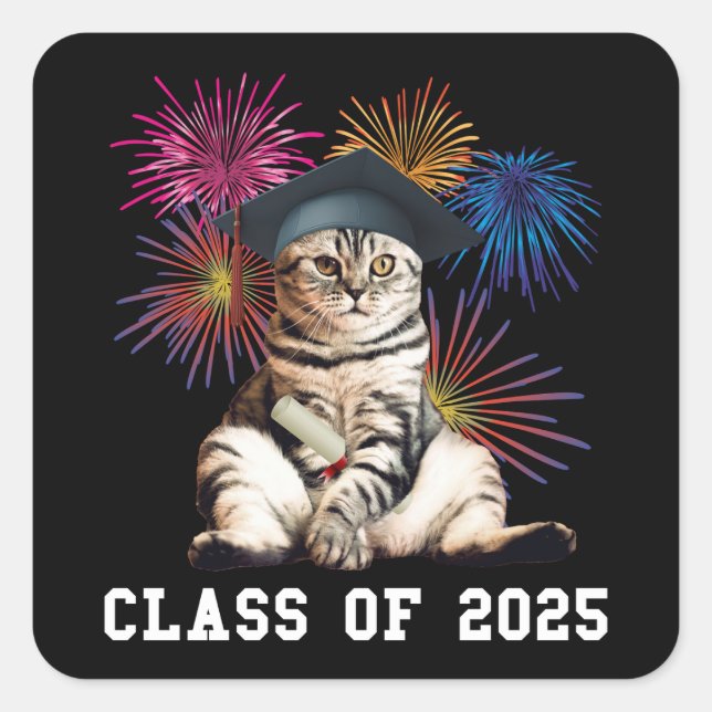 Pegatina Cuadrada Clase de 2025 Cat Lover (Anverso)