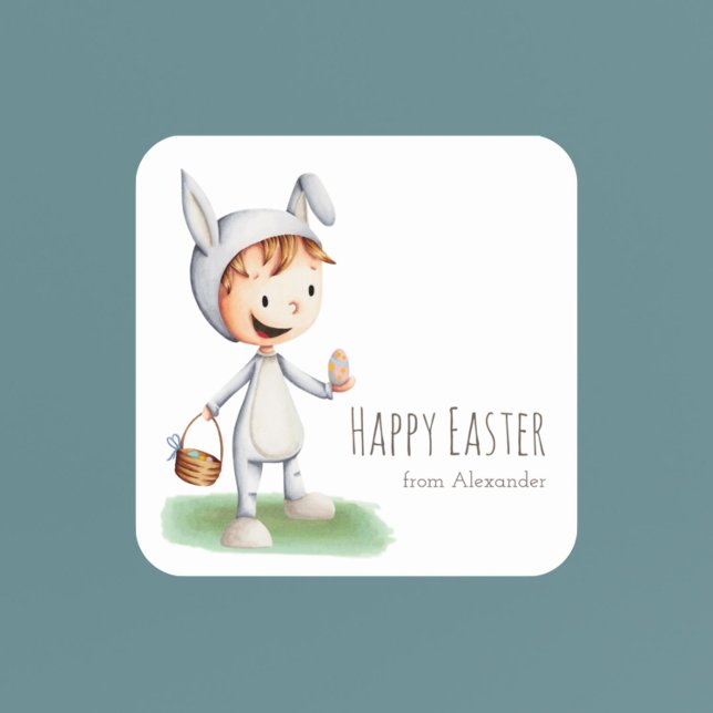 Pegatina Cuadrada Clase de Escuela Cuta de Pascua Personalizada (Cute Easter Kid School Class Personalized Square Sticker)