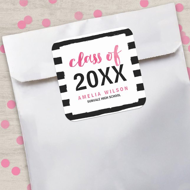 Pegatina Cuadrada Clase rosa de franjas negras de moda de 2025 Gradu (Subido por el creador)