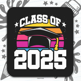 Pegatina Cuadrada Clase Senior 2025 de la Graduación Retro Sunset de