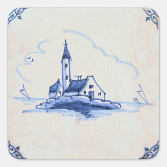 Pegatina Cuadrada Clásica Antiquaria Delft Blue Tile - Iglesia (Anverso)