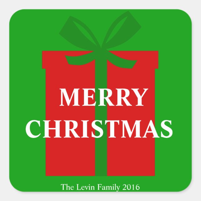 Pegatina Cuadrada Clásica caja de regalo roja Cinta verde Feliz Navi (Anverso)