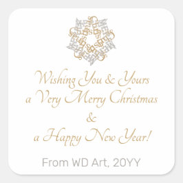 Pegatina Cuadrada Clásica Feliz Navidad Gold, caligrafía plateada