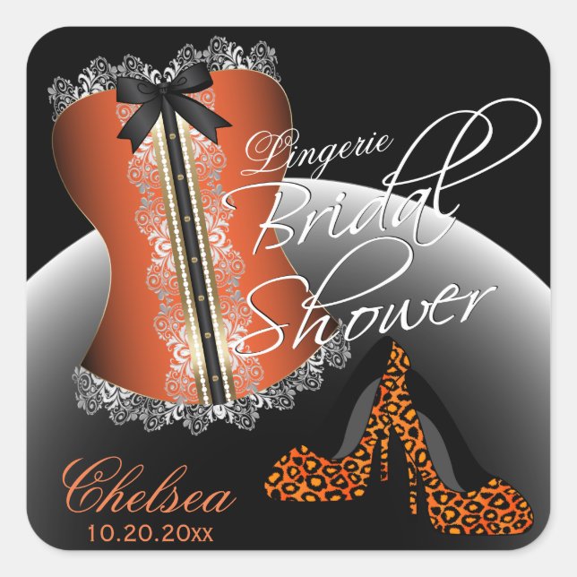 Pegatina Cuadrada Clásica Lingerie Bridal Shower | NARANJA (Anverso)
