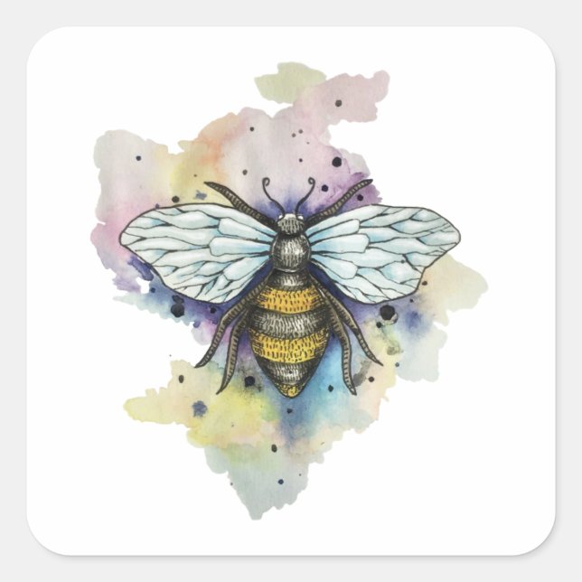 Pegatina Cuadrada Clásico De Abeja Y Lavado De Arcoiris (Anverso)