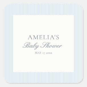 Pegatina Cuadrada Clásico Elegante Baby Shower de Raya Blanca Azul