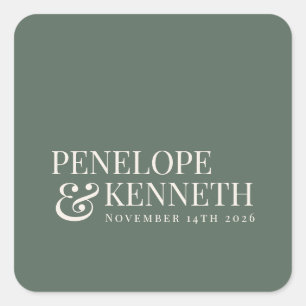 Pegatina Cuadrada Clásico Elegante Dark Sage Custom Wedding Names