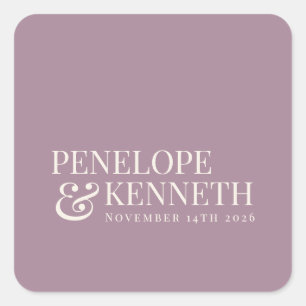 Pegatina Cuadrada Clásico Elegante Dusty Purple Nombres de boda pers