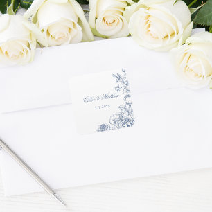 Pegatina Cuadrada Clásico Elegante Floral Boda Polvoriento Azul