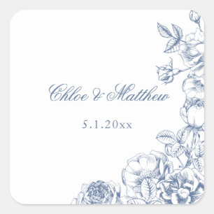Pegatina Cuadrada Clásico Elegante Floral Boda Polvoriento Azul