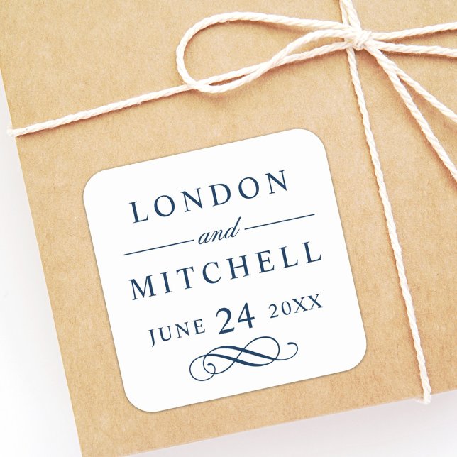 Pegatina Cuadrada Clásico Elegante Monograma de Boda Azul Marino Per (Subido por el creador)