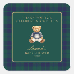 Pegatina Cuadrada Clásico Oso de Plaid Verde Marino Baby Shower 