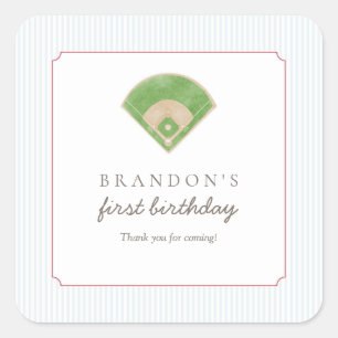 Pegatina Cuadrada Clásico Preppy Béisbol Primer Cumpleaños Novato Un