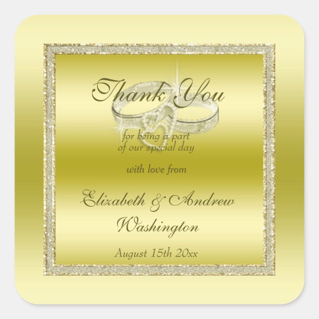 Pegatina Cuadrada Clásico Purpurina de oro y anillos Bodas (Anverso)