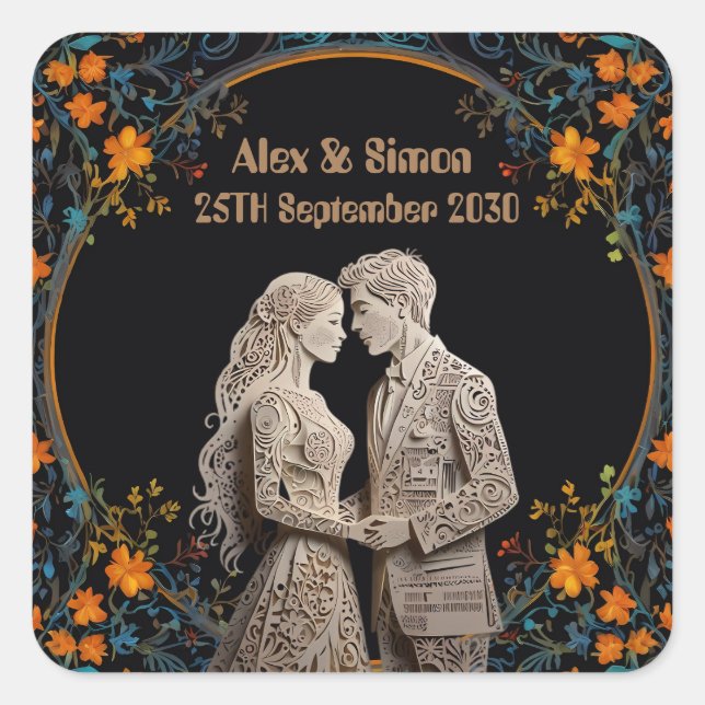 Pegatina Cuadrada Clásico Real Bride y Groom (Anverso)