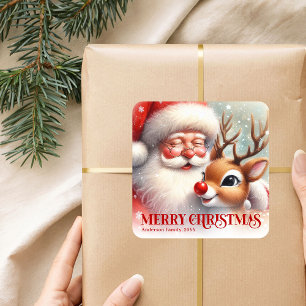 Pegatina Cuadrada Clásico Santa Rudolph Personalizado Feliz Navidad