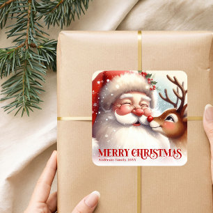 Pegatina Cuadrada Clásico Santa Rudolph Personalizado Navidad Niños