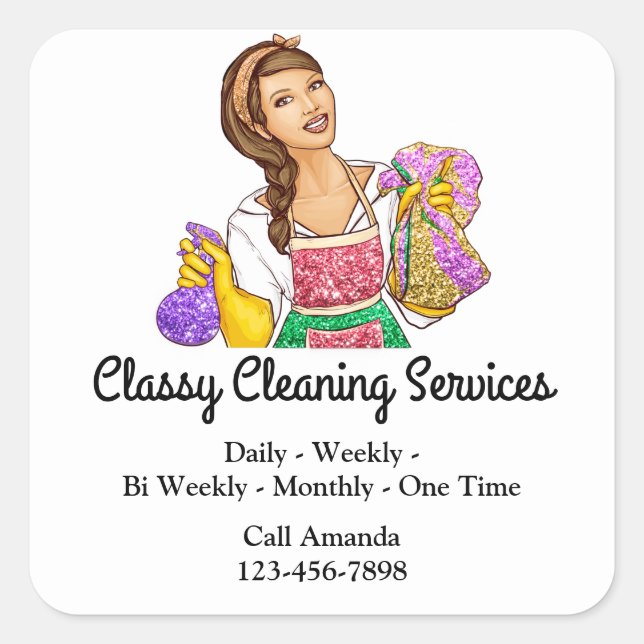 Pegatina Cuadrada Clásico Servicios de Limpieza Domicilio Fundido Bl (Anverso)