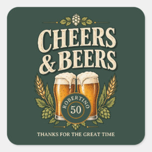 Pegatina Cuadrada Clásico Vintage Cheers & Beers Cumpleaños 50 Hombr