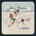 Pegatina Cuadrada Clásico Vintage Christmas Snow Child<br><div class="desc">¡Qué gran carta de Navidades! De una tarjeta de Navidades de 1916,  que muestra a niños nevados caminando con su cerdito en la nieve. ¡Festividad y gracia!</div>