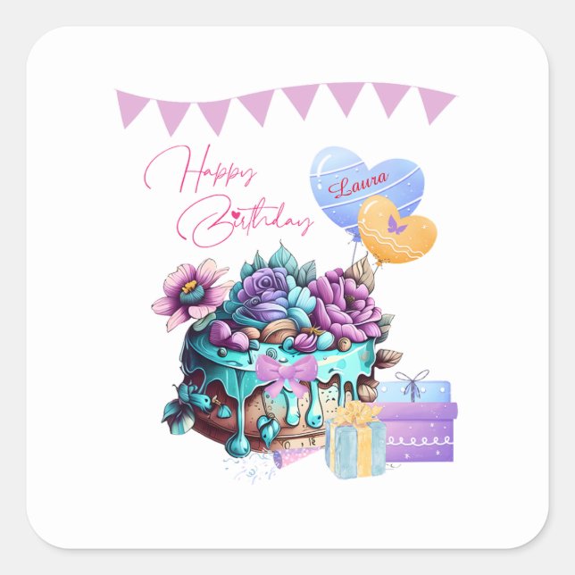 Pegatina Cuadrada Clásicos Regalos De Regalos De Pasteles De Cumplea (Anverso)