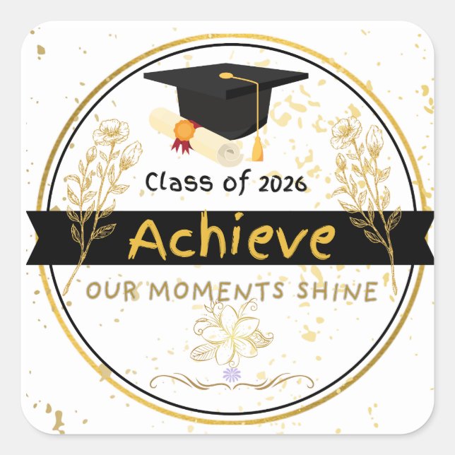 Pegatina Cuadrada Class of 2026 Graduation Gold Floral Sticker (Anverso)
