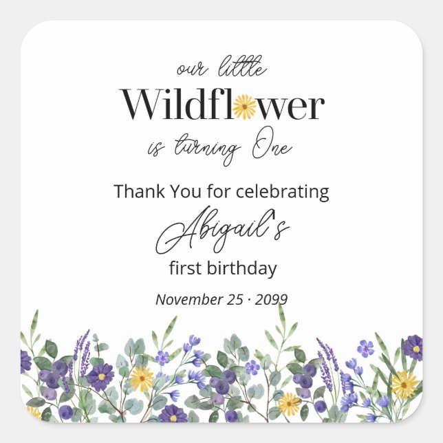 Pegatina Cuadrada Classic Blue Our Little Wildflower 1st Birthday (Anverso)