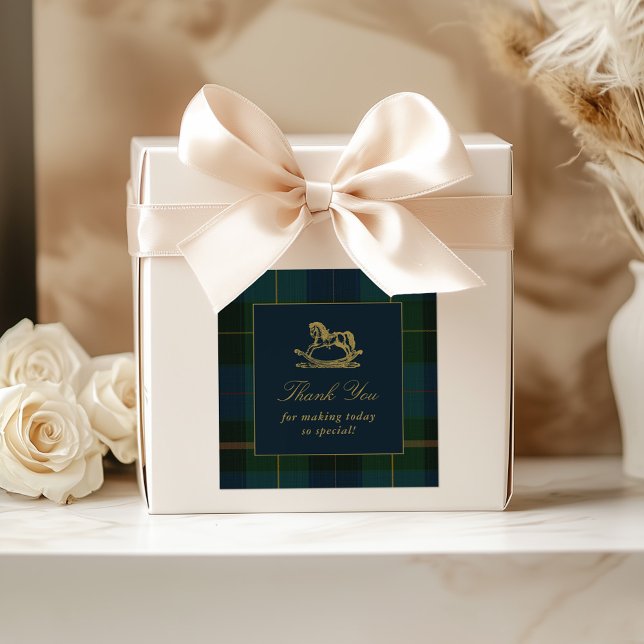 Pegatina Cuadrada Classic Dark Green & Blue Plaid Baby Shower (Subido por el creador)