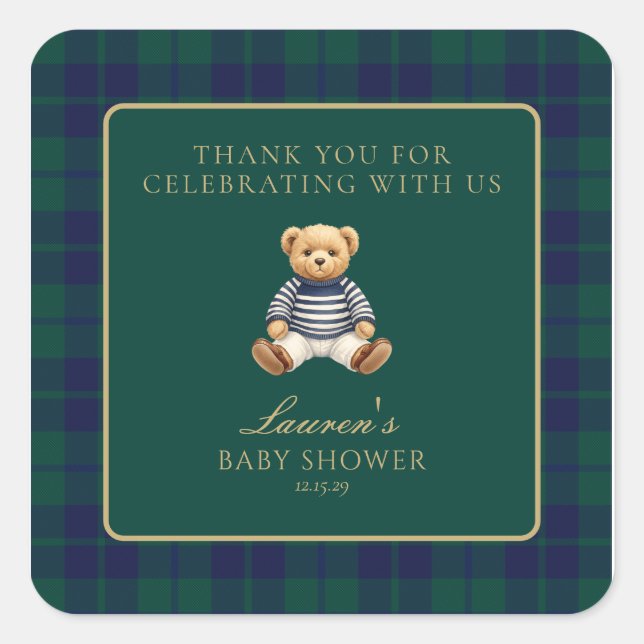 Pegatina Cuadrada Classic Green Navy Plaid Bear Baby Shower  (Anverso)