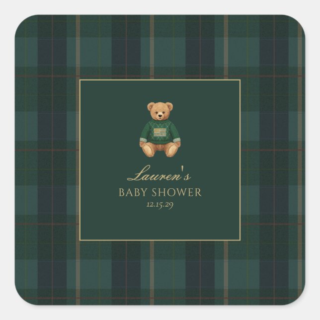 Pegatina Cuadrada Classic Green Plaid Bear Baby Shower  (Anverso)