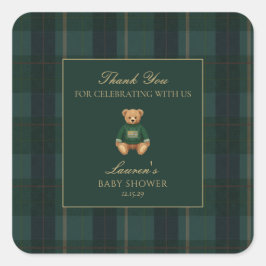 Pegatina Cuadrada Classic Green Plaid Bear Baby Shower Thank You 