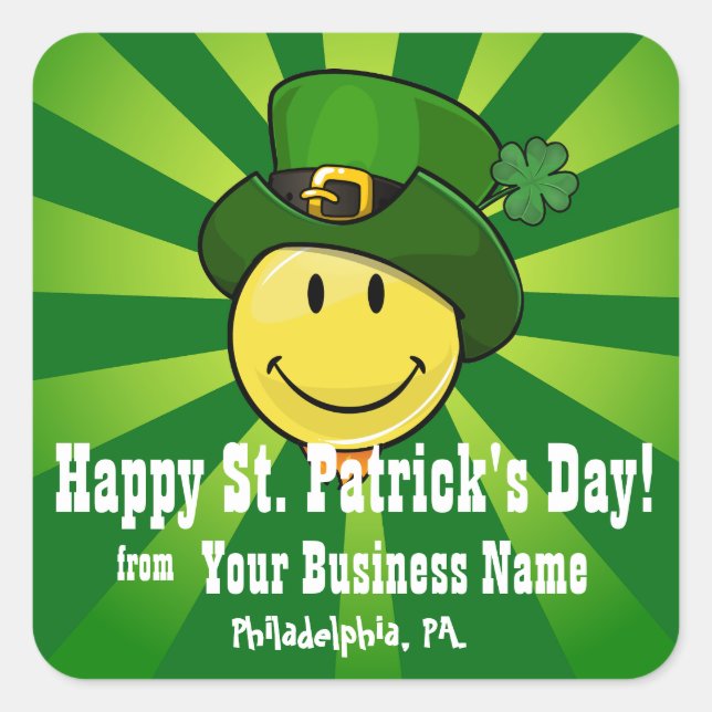 Pegatina Cuadrada Classic Happy Face con un Gorra de Leprechaun irla (Anverso)