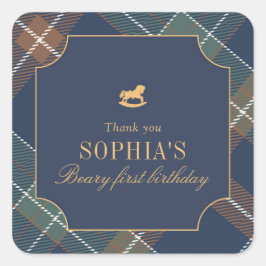 Pegatina Cuadrada Classic Navy Plaid Teddy Bear Girl Birthday