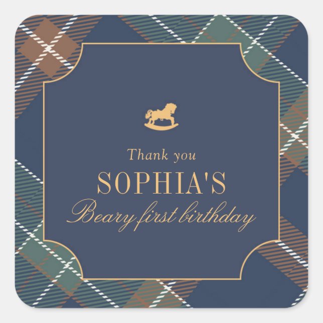Pegatina Cuadrada Classic Navy Plaid Teddy Bear Girl Birthday (Anverso)