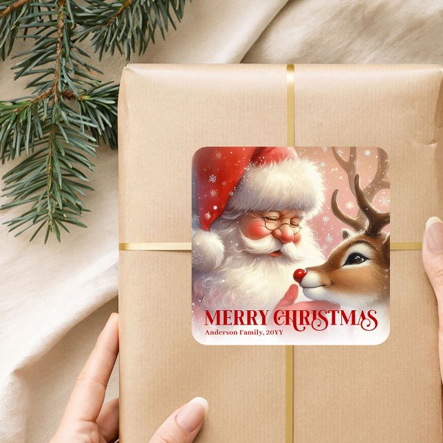 Pegatina Cuadrada Classic Personalized Santa Rudolph Christmas Kids (Classic Personalized Santa Rudolph Christmas Sticker)